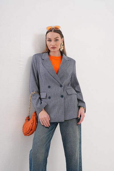 nisya Women's Button-Detail Dark Striped Blue Blazer Jacket