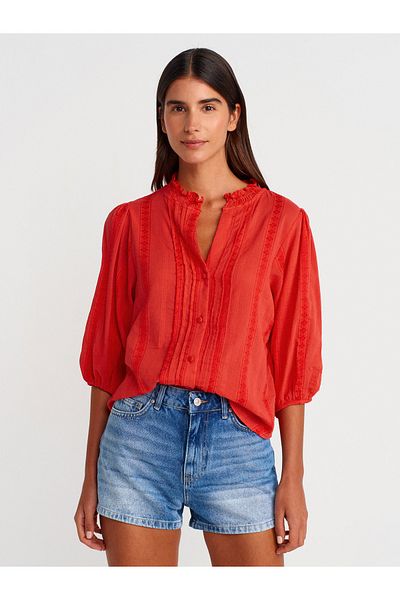 Dilvin 5807 Ribbed Detailed Balloon Sleeve Shirt-A.Red