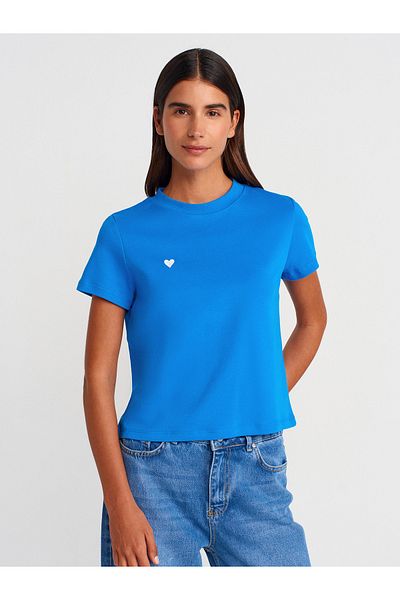 Dilvin 30584 Crew Neck Cotton T-Shirt-Sax
