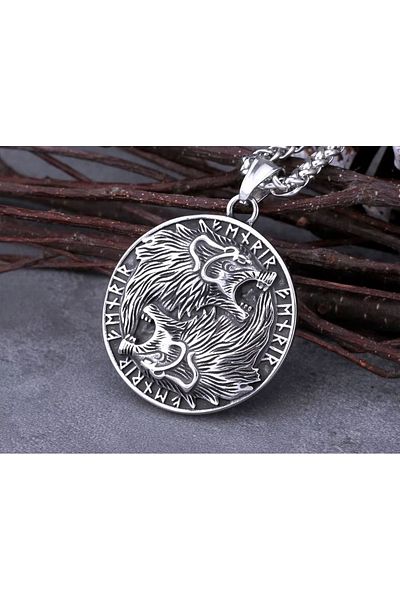 voyageaccessory Stainless Steel Norse Mythology Back- Freki Wolf Pendant -Viking Necklace