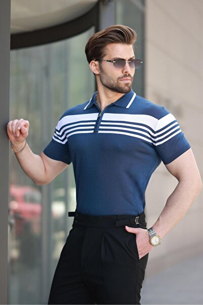 Madmext Чорно-синя футболка з коміром-поло та блискавкою E7407