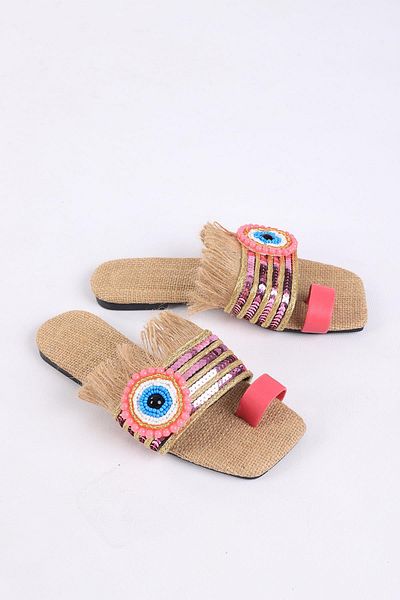 layki Clesse Pink Colored Straw Stone Slippers