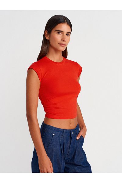 Dilvin 30899 Top-Red with Shirring Detail on the Sides