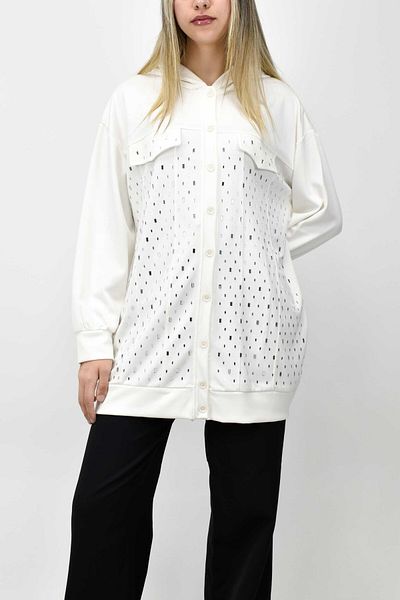birizmoda Stone Detailed Hooded Buttoned Tunic - Ecru