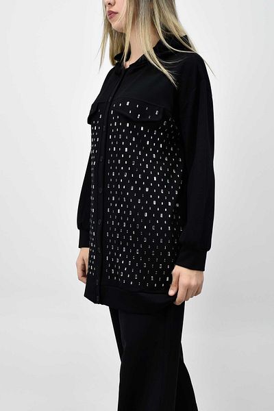 birizmoda Stone Detailed Hooded Buttoned Tunic - Black