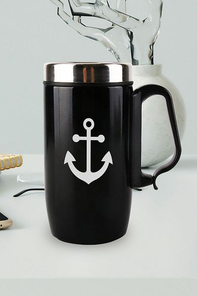 Nesnel Gift Black Steel Handled Glass Thermos - Sea Anchor Motif