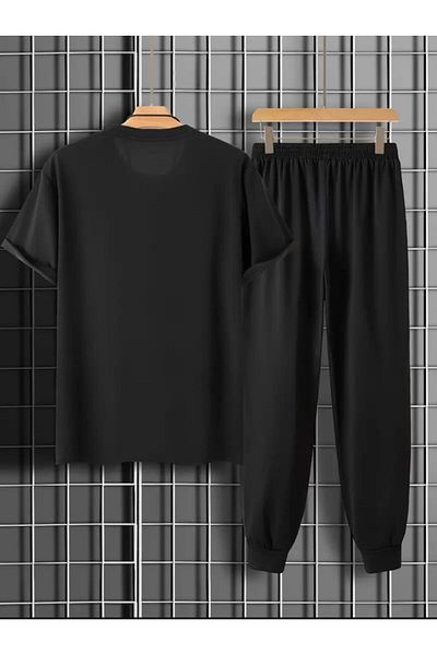 ADWAX Men's Black Balance Printed Tshirt Black Summer Tracksuit Set