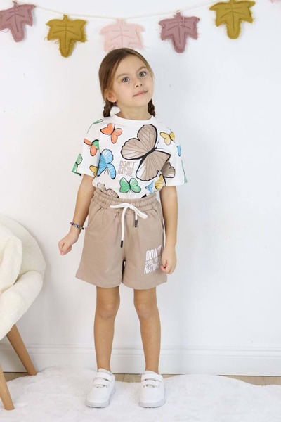 Mnk Baby&Kids طقم شورت تي شيرت مطبوع للبنات M00730 بني