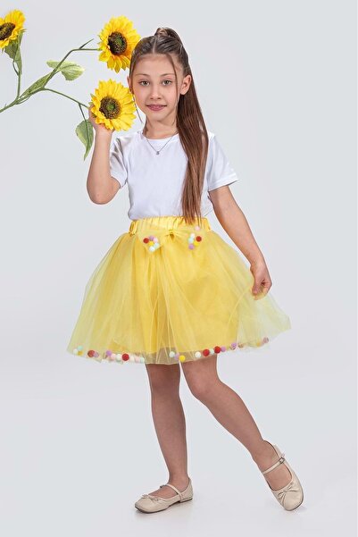 Mnk Baby&Kids Ponpon Aksesuarlı Bayramlık Kız Çocuk Etek M00726 SARI