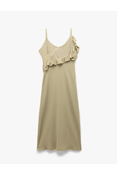 Koton Bürümcük Fabric Lined Midi Length Strap Pencil Dress with Ruffle Detail