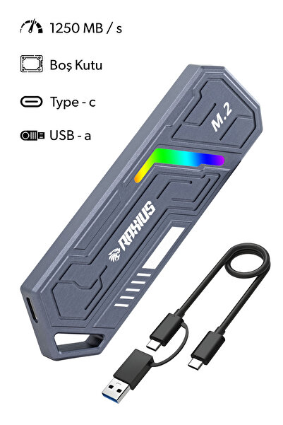 RaXius DK03 USB-A/Type-C Kablolu RGB 22x80 M.2 NVMe Taşınabilir Harici SSD (Boş Kutu)