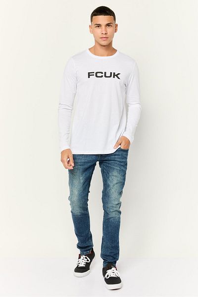 French Connection Men Crew Neck Long Sleeves Brand Logo T-shirt, White