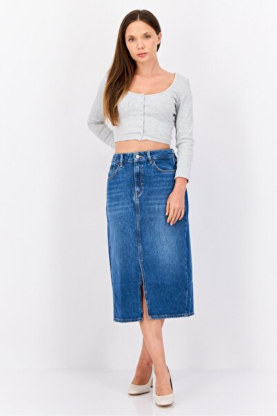 Esprit Women Washed Denim Skirt Midi Skirt, Navy