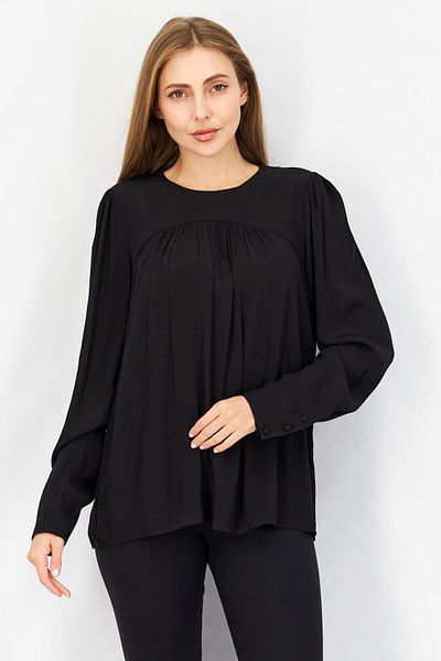 Esprit Women Round Neck Long Sleeve Plain Pleated Top, Black