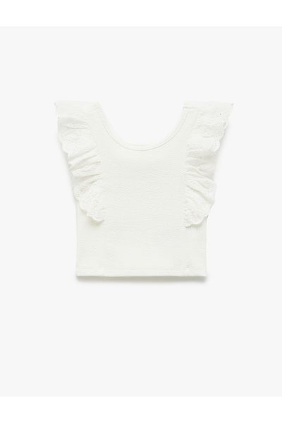 Koton Embroidered Round Neck Sleeveless Ruffled Crop Tank Top