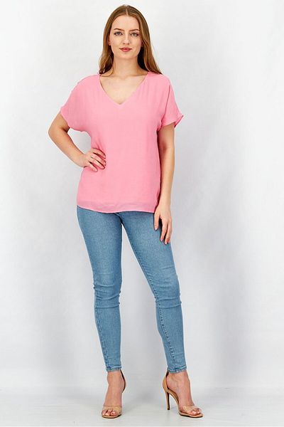 Esprit Women V-neckline Cap Sleeve Plain Blouse, Pink