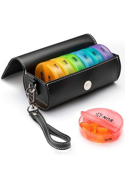 COOYA Weekly Pill Organizer, with PU Leather Case for Travel, 7 Day Pill Container for Vitamin Fish Oils