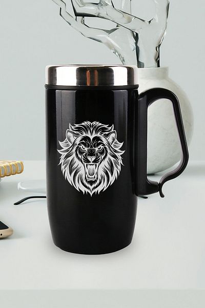 Nesnel Gift Black Steel Handled Glass Thermos - Angry Lion Motif
