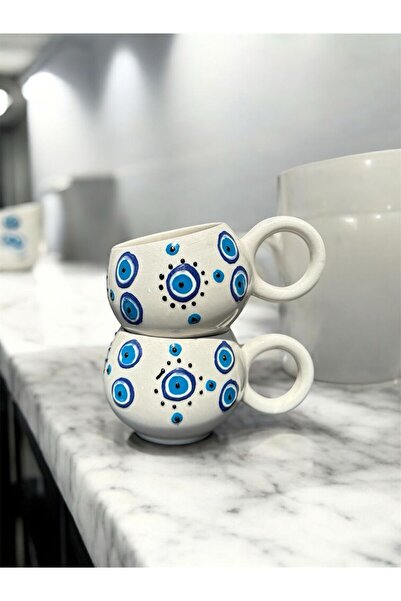 BB TRADE Handmade Evil Eye Bead Embossed Patterned 2-Piece Ceramic Mug