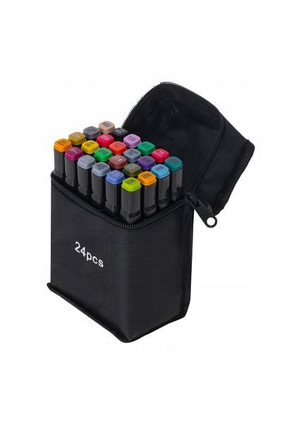 zola Set 24 markere duble, Zola , cerneala pe baza de alcool, cap subtire si gros, geanta de depozitare