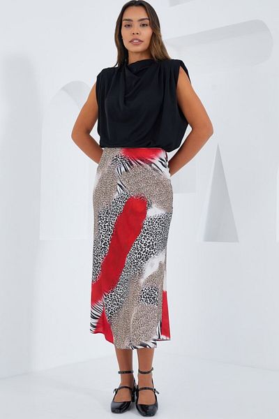 Simala Red Black Patterned Satin Skirt 15806