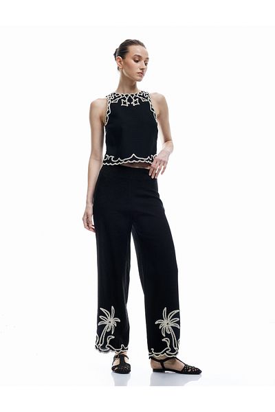 Koton Wide Leg Low Waist Viscose Trousers with Palm Embroidery Detail