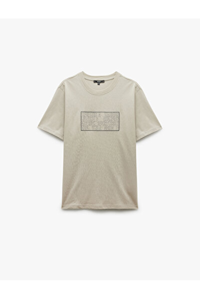 Koton Βαμβακερό μπλουζάκι με λαιμόκοψη με κοντό μανίκι με λεπτομέρεια κεντήματος