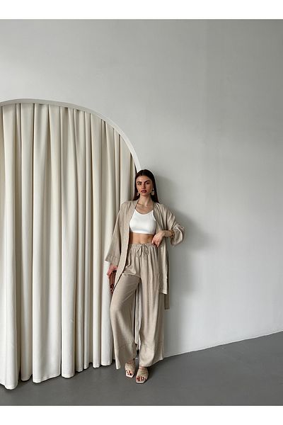 Laluvia Set kimono cu curea cu buzunar natural - 8491