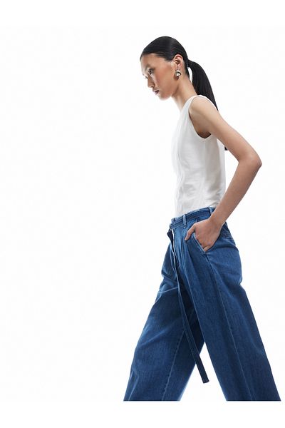 Koton High Waist Wide Leg Belt Detailed Pleated Jean Trousers