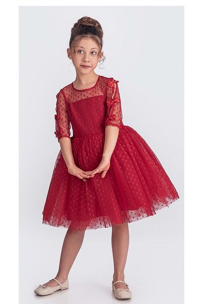 Mnk Baby&Kids Girls' Dress M00707 - Lace Polka Dot, Long Sleeve, Princess Red