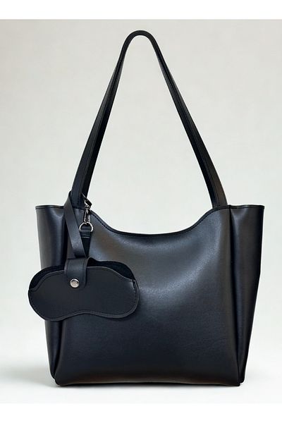 fular & bags Geantă de mână și de umăr pentru cumpărături neagră pentru femei, cu husă pentru ochelari, cu fermoar și închidere cu capse