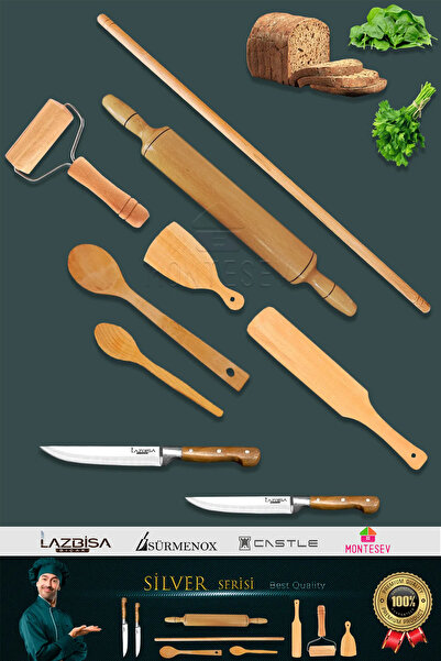 MONTESEV Ahşap Hamur Açma Oklava Merdane Rulo Lazbisa Mutfak Bıçak Börek Seti...