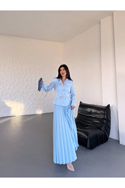 Bella Breeze Kadın Kemerli Gold Düğmeli Premium Ceket Pileli Uzun Etek Takım Elbise