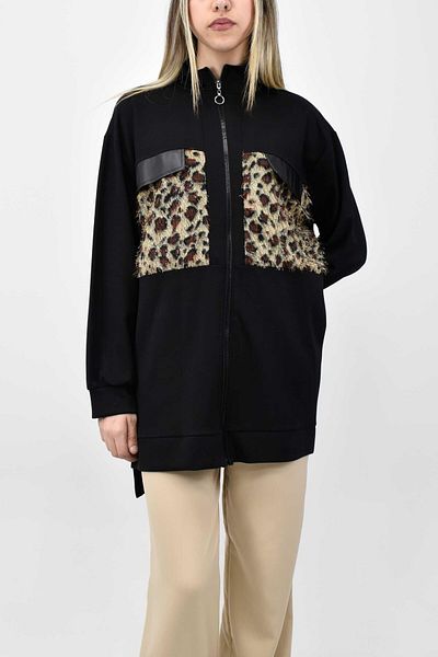 birizmoda Zippered Tunic with Leopard Pocket Detail - Black