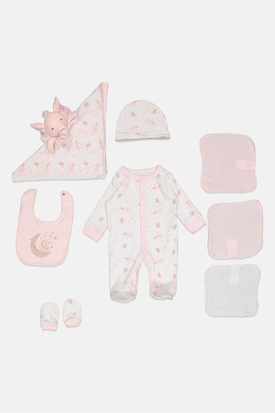 Rock A Bye Baby Boutique Toddlers Girl 8 Pieces Floral Bodysuit And Pants Hanging Gift Set, Pink/white