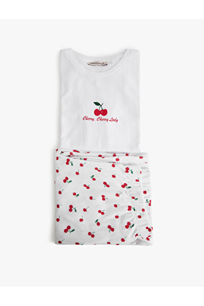 Koton Set de pijamale cu mânecă scurtă, cu decolteu, cu imprimeu cireș