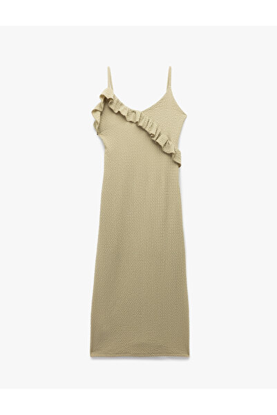 Koton Bürümcük Fabric Lined Midi Length Strap Pencil Dress with Ruffle Detail