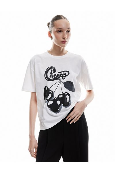 Koton Short Sleeve Crew Neck Cotton Oversize T-Shirt with Cherry Print on the Back
