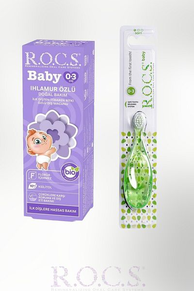 R.O.C.S. Fluoride-Free Baby Toothpaste from First Tooth / Linden Extract & (Green 0-3 Years Sort Brush)