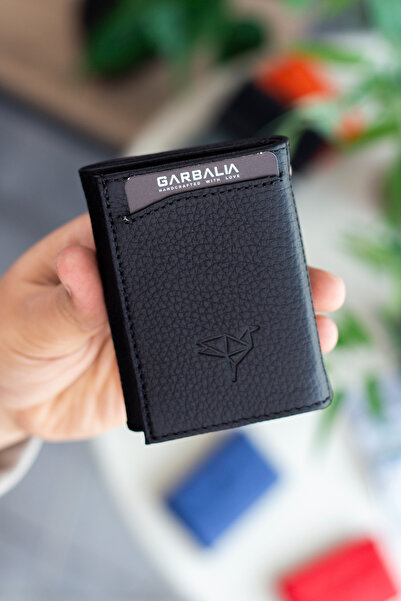 Garbalia Medina Genuine Leather Men's Black Card Holder Wallet with Coin Compartment Mechanism