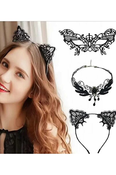modares 3'lü Dantel Göz Maske - Dantel Şık Gerdanlık Kolye - Kedili Taç Özel ...