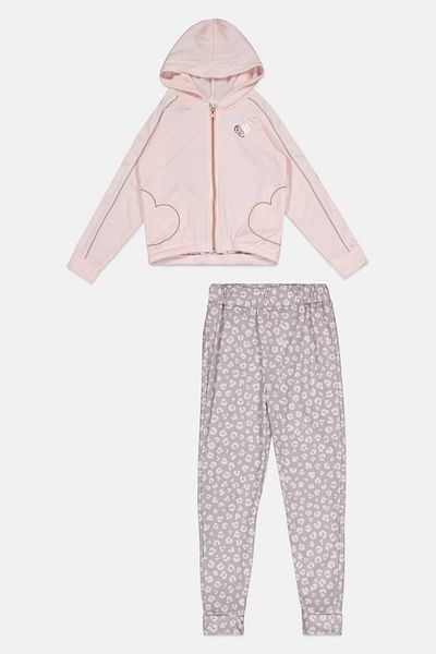 Body Glove Kids Girl 2 Pcs Embroidered Hoodie And Sweatpant Set, Pink/grey