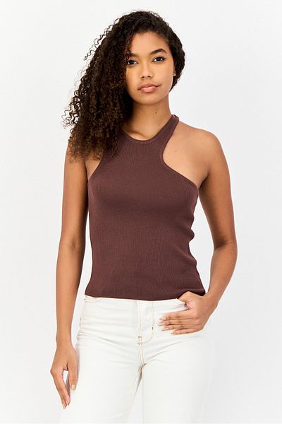 collusion Women Crew Neck Sleeveless Knitted Tank Top, Dark Brown