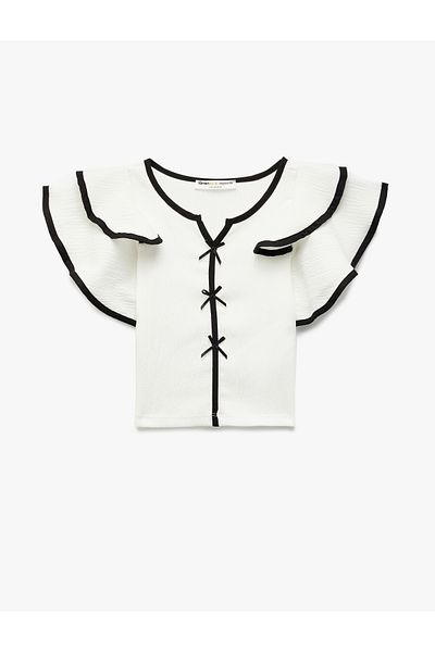 Koton Bow Short Butterfly Sleeve V-Neck Flounce Blouse