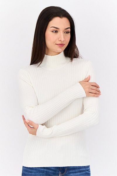 Esprit Women Turtle Neck Long Sleeves Ribbed Top, Off White