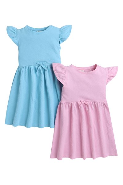 Victor and Jane Girls' Ruffle Cotton Dress, Solid Color- Pink and Blue- Pack of 2