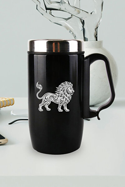 nesnelgift Siyah Çelik Kulplu Bardak Termos - İllistrasyon Aslan Motifli