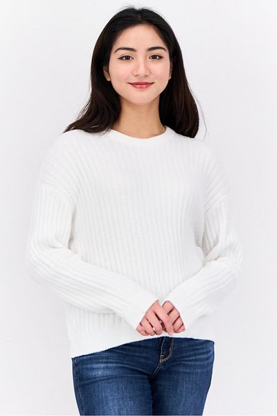 Don't Call Me Jennyfer Women Ribbed Collar Long Sleeves Knitted Sweater, White