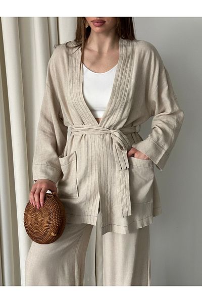 Laluvia Set kimono cu curea cu buzunar natural - 8491