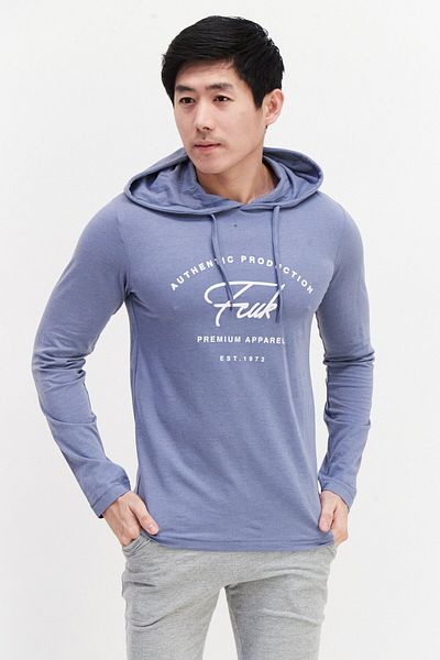 French Connection Men Hooded Long Sleeve Graphic T-shirt, Light Blue
